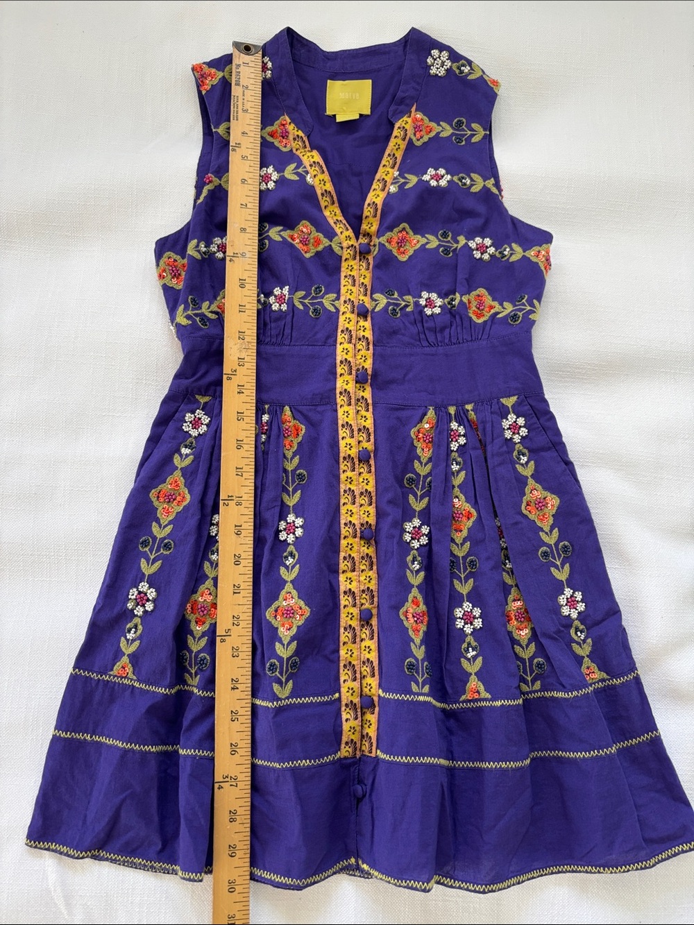 Maeve Violet Embroidered and beaded Sleeveless Dress with Yellow Trim -401sku - Picture 3 of 6